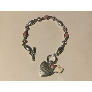NEW~Inspirational Silver Pink Ribbon~Angel~Hearts Charm Toggle Bracelet